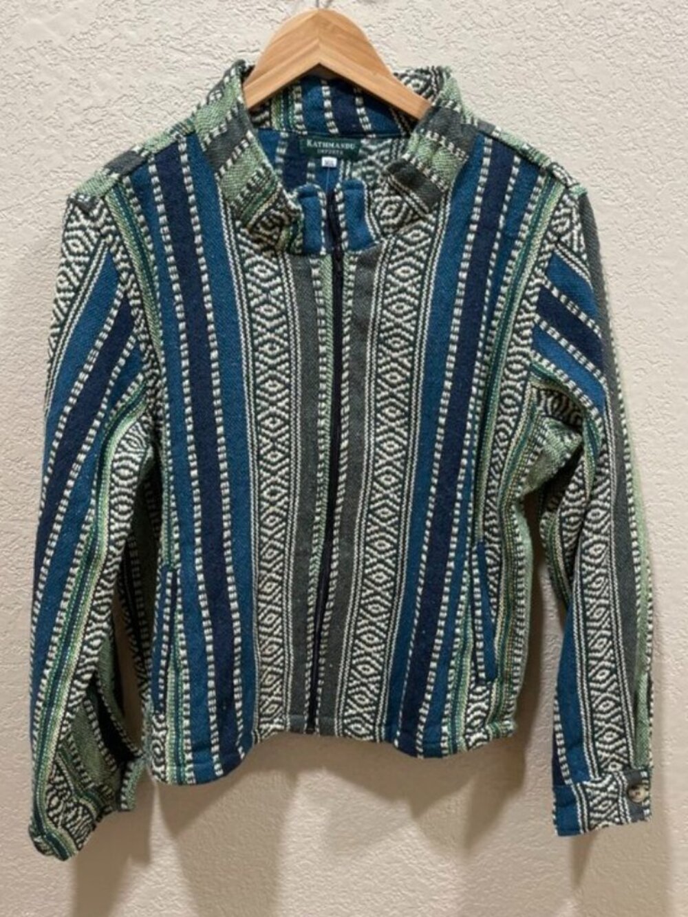 Kathmandu Imports Heavy Cotton Ethnic Green Tribal Stripe Zip Front Short Jacket